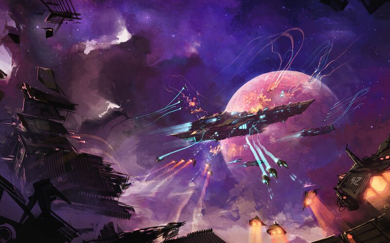 Spaceships in Battle — Purple, Dramatic, Night, Digital Art, Planet