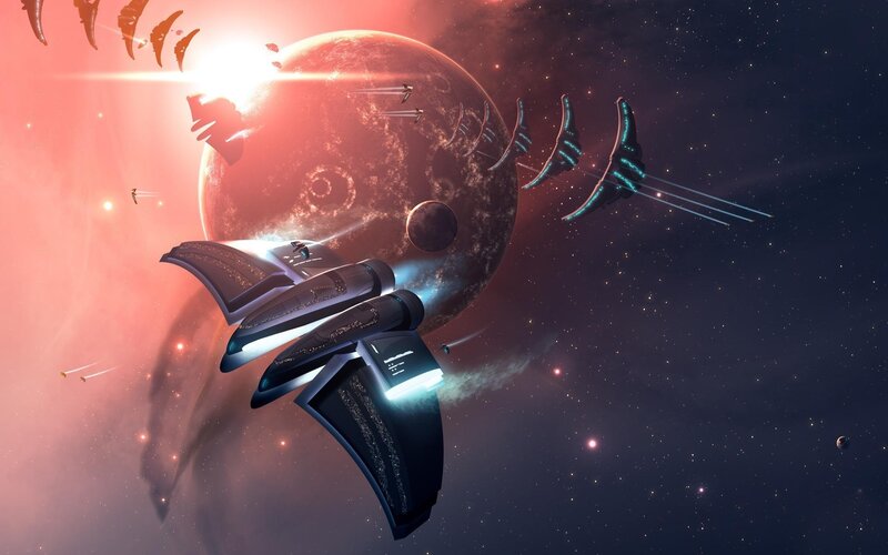Spaceships in Battle — Red, Dramatic, Digital Art, Planet