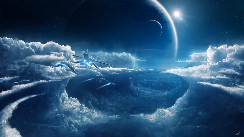 Spaceships in Clouds — Blue, Dramatic, Night, Digital Art, Planets, Sun
