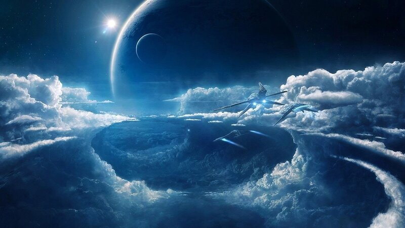 Spaceships in Clouds — Blue, Dramatic, Night