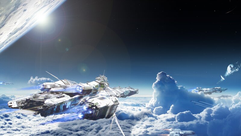 Spaceships in Clouds — Blue, Dramatic