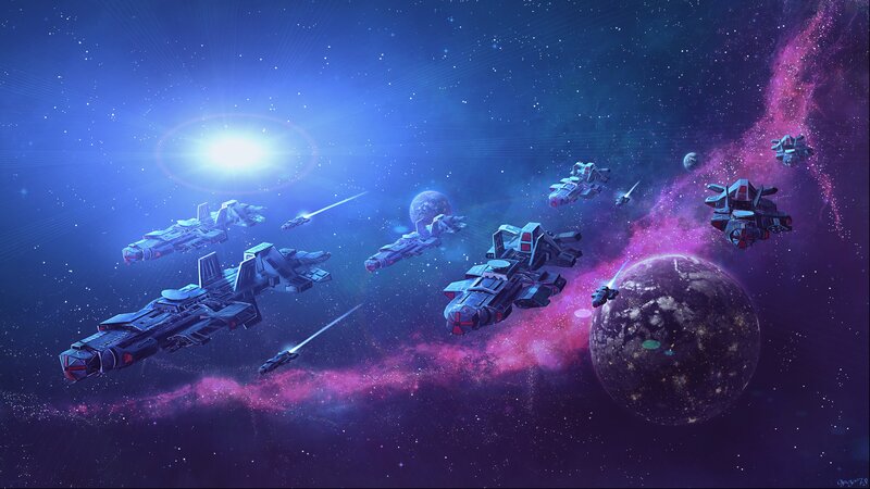 Spaceships in Formation — Blue, Dramatic, Night