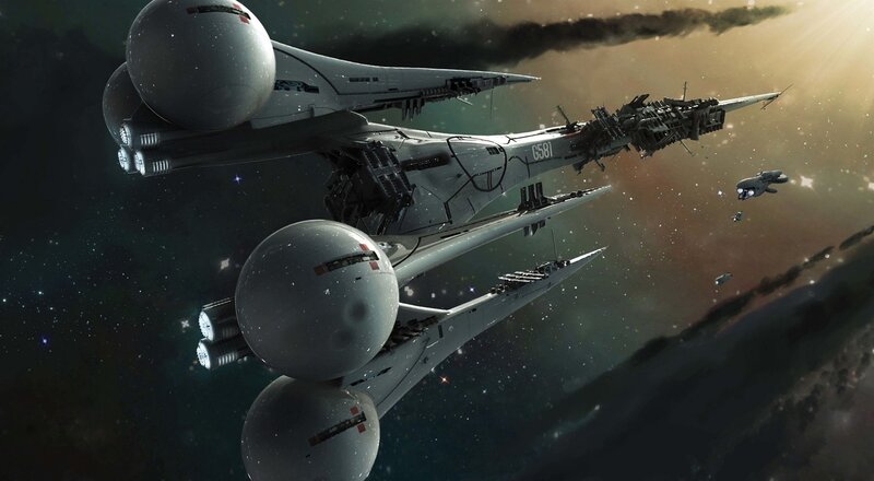 Spaceships in Formation — Gray, Dramatic, Digital Art, Starfield