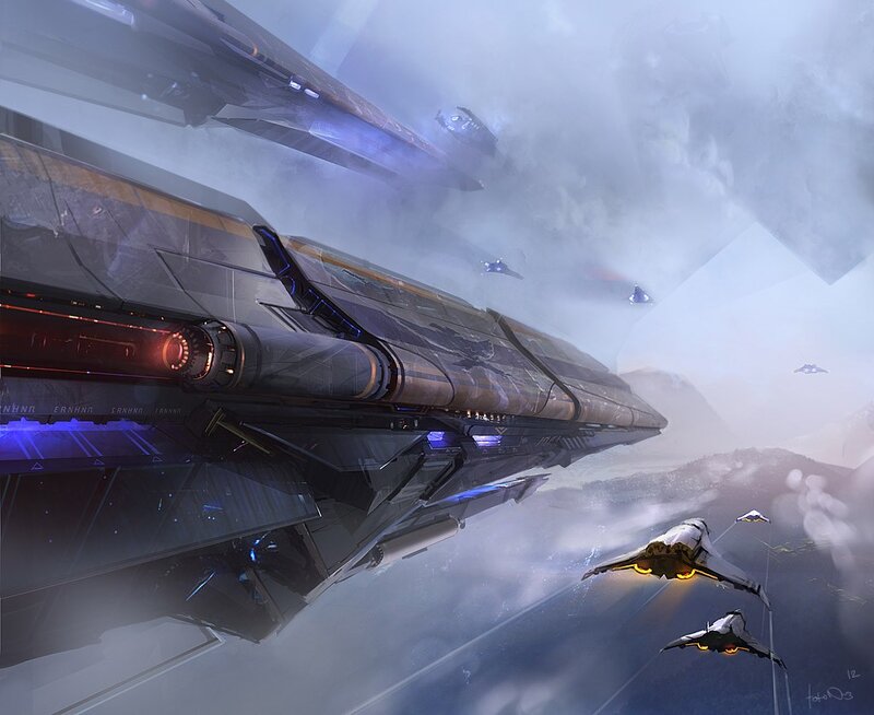 Spaceships in Formation — Gray, Dramatic, Digital Art