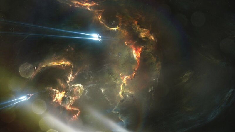 Spaceships in Nebula — Black, Dramatic, Digital Art