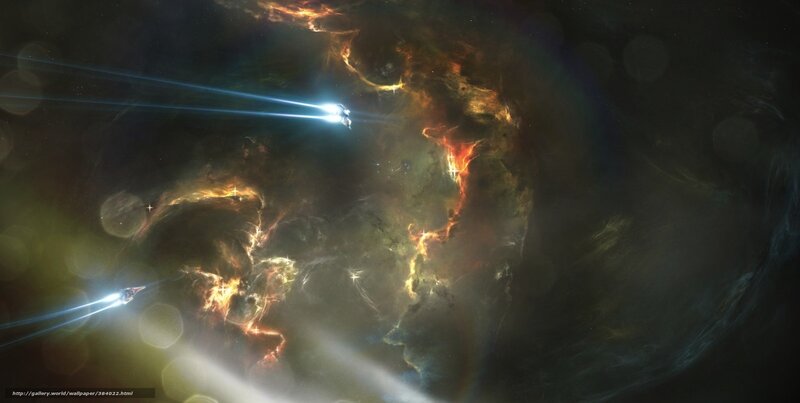 Spaceships in Nebula — Black, Dramatic, Night, Digital Art, Stars