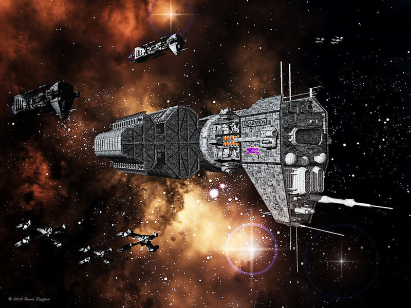 Spaceships in Nebula — Black, Dramatic