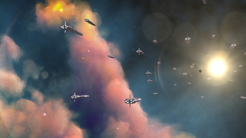 Spaceships in Nebula — Blue, Dramatic, Digital Art
