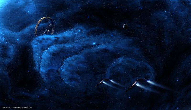 Spaceships in Nebula — Blue, Dramatic, Night