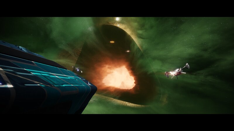 Spaceships in Nebula — Green, Dramatic, Night