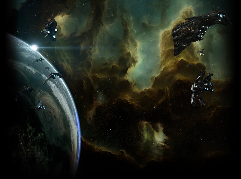 Spaceships in nebula near planet