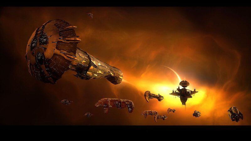 Spaceships in Nebula — Orange, Dramatic, Sunset