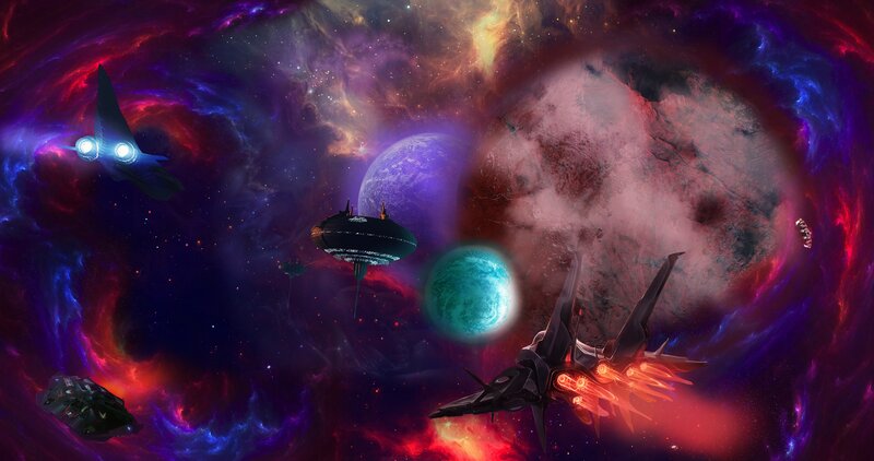 Spaceships in Nebula — Purple, Dramatic, Digital Art, Planets