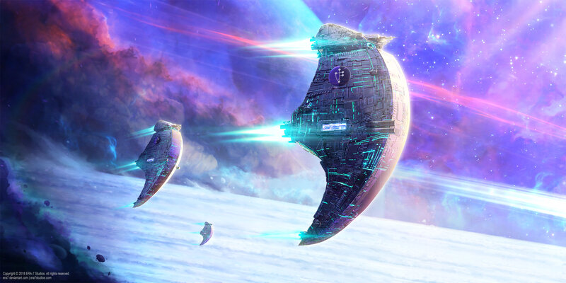 Spaceships in Nebula — Purple, Dramatic, Digital Art