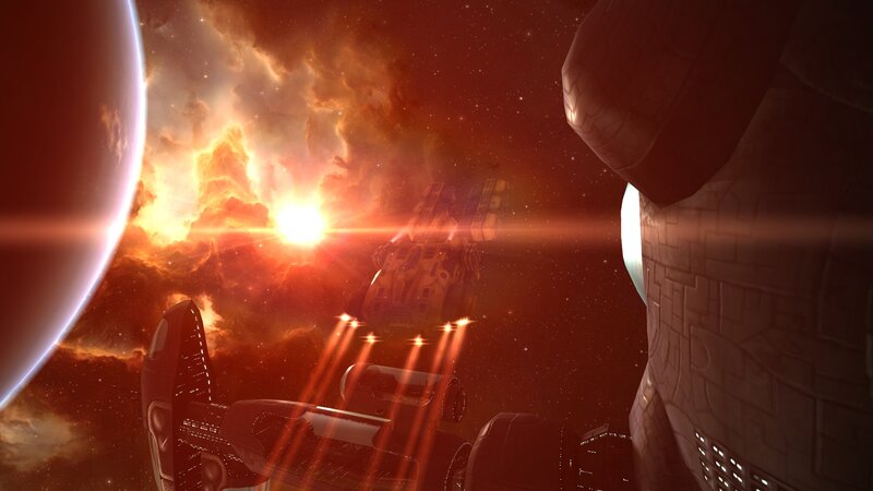 Spaceships in Nebula — Red, Dramatic, Digital Art, Planet