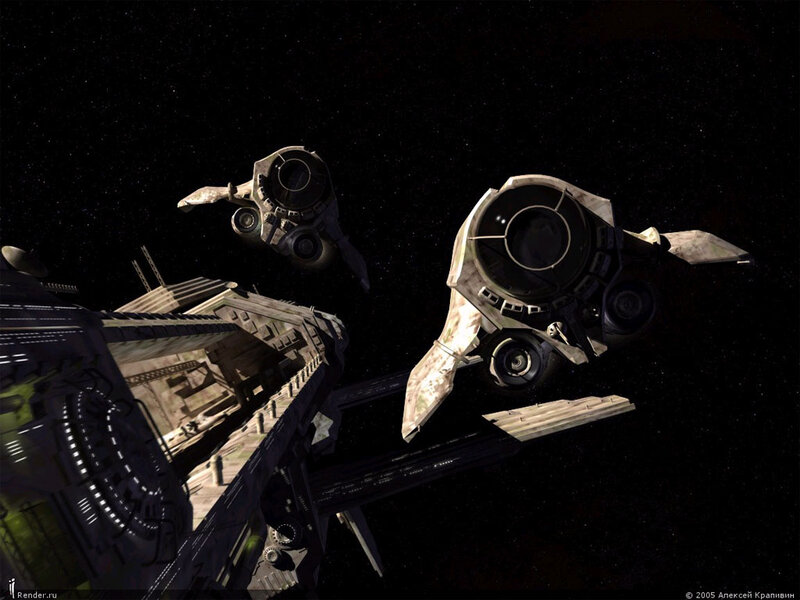 Spaceships in Orbit — Black, Dramatic, 3d Render