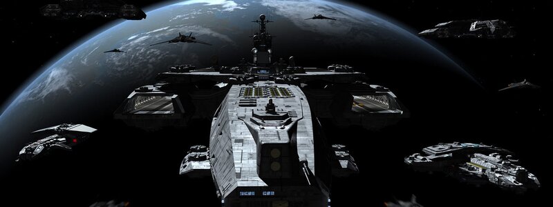 Spaceships in Orbit — Black, Dramatic, Digital Art, Planet, Spacecraft