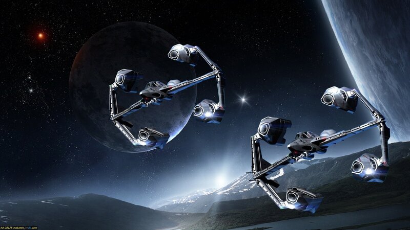 Spaceships in Orbit — Black, Dramatic, Night, Digital Art, Planets