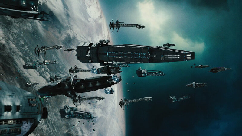 Spaceships in Orbit — Blue, Dramatic, 3d Render, Planet