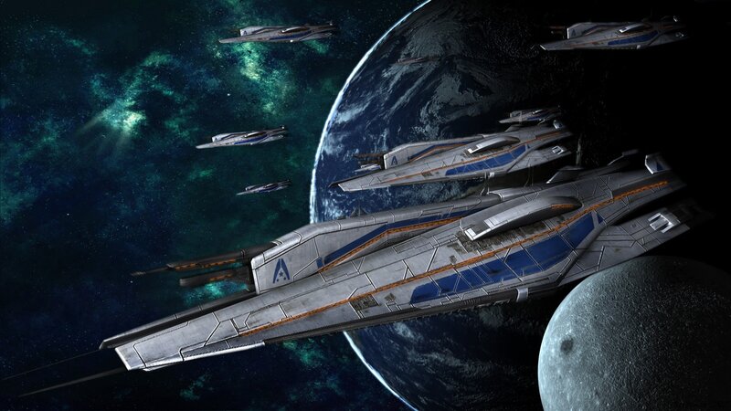 Spaceships in Orbit — Blue, Dramatic, Digital Art, Planet, Moon, Space, Gray