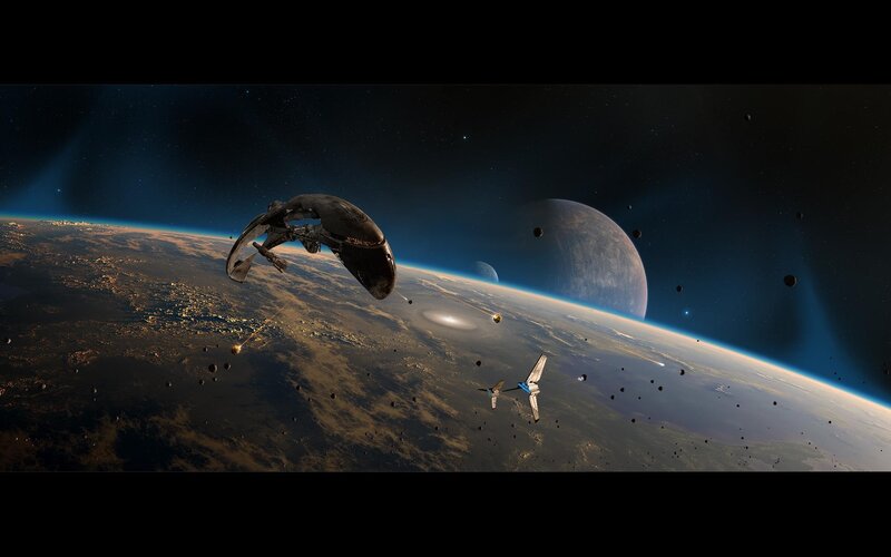 Spaceships in Orbit — Blue, Dramatic, Digital Art, Planet, Moon
