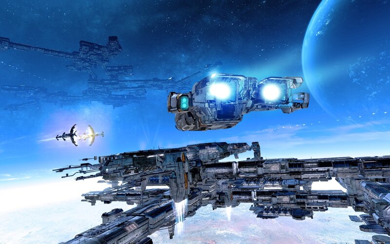 Spaceships in Orbit — Blue, Dramatic, Digital Art, Planet, Space Station, Starship, White
