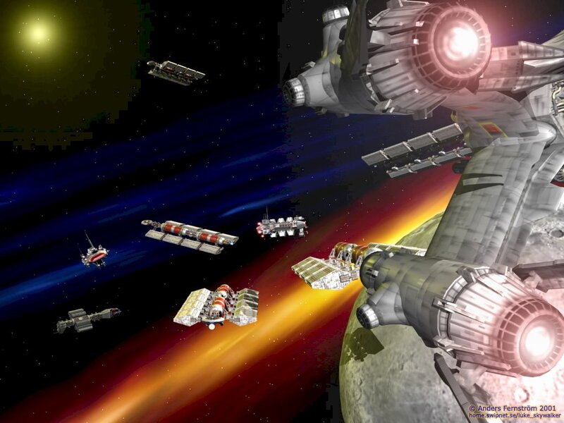 Spaceships in Orbit — Blue, Dramatic, Digital Art, Planet, Sun, Space Station