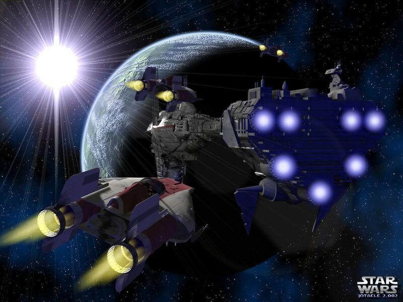 Spaceships in Orbit — Blue, Dramatic, Digital Art, Planet, Sun