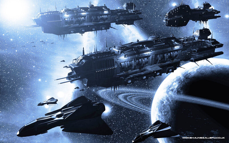 Spaceships in Orbit — Blue, Dramatic, Digital Art, Planet
