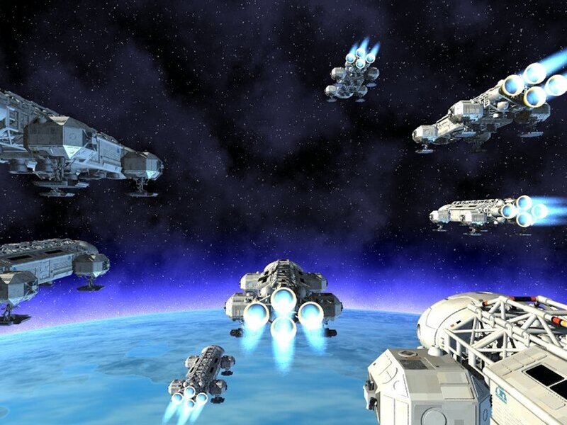 Spaceships in Orbit — Blue, Dramatic, Digital Art