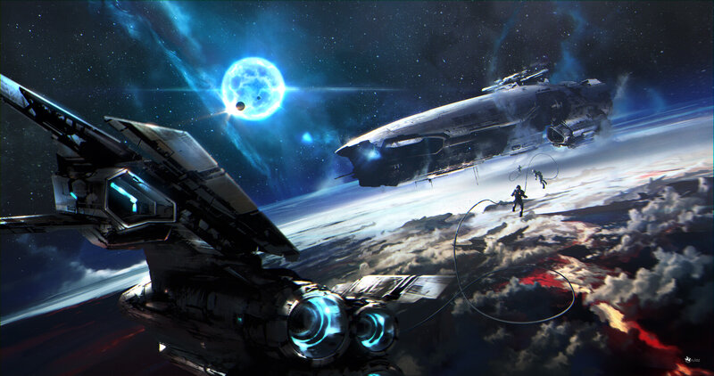 Spaceships in Orbit — Blue, Dramatic, Night, Digital Art, Planet, Astronauts