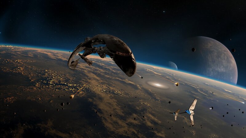 Spaceships in Orbit — Blue, Dramatic, Night, Digital Art, Planet, Moon
