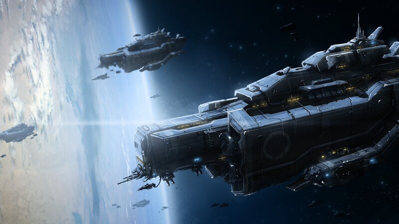 Spaceships in Orbit — Blue, Dramatic, Night, Digital Art, Planet, Spacecraft