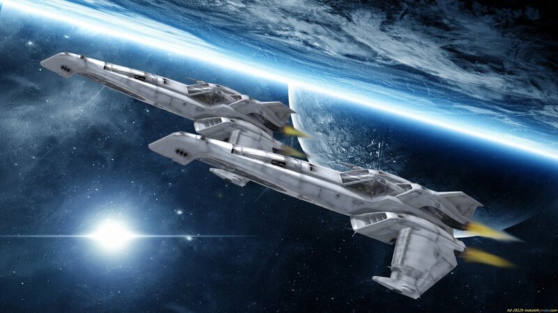Spaceships in Orbit — Blue, Dramatic, Night, Digital Art, Planet, Stars