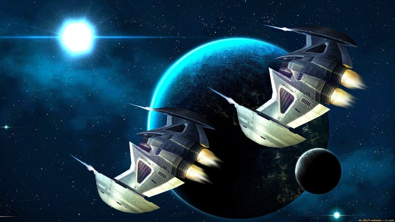Spaceships in Orbit — Blue, Dramatic, Night, Digital Art, Planet