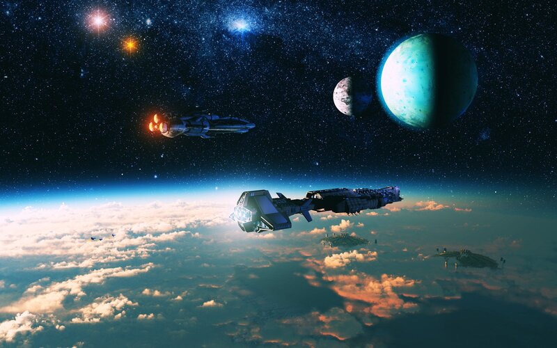 Spaceships in Orbit — Blue, Dramatic, Night, Digital Art, Planets, Stars