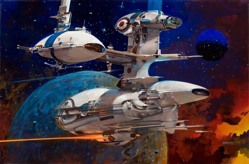 Spaceships in Orbit — Blue, Dramatic, Night, Painting