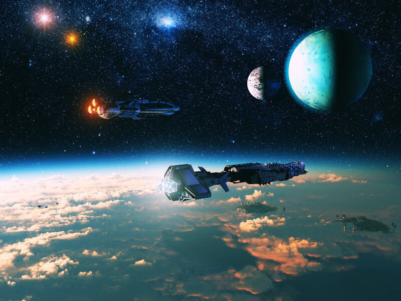 Spaceships in Orbit — Blue, Dramatic, Night