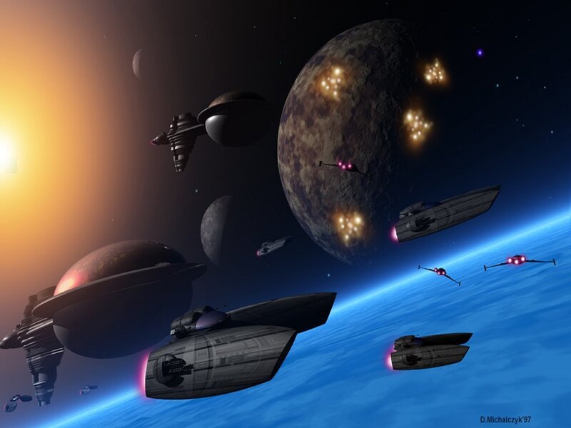 Spaceships in Orbit — Blue, Dramatic, Sunset