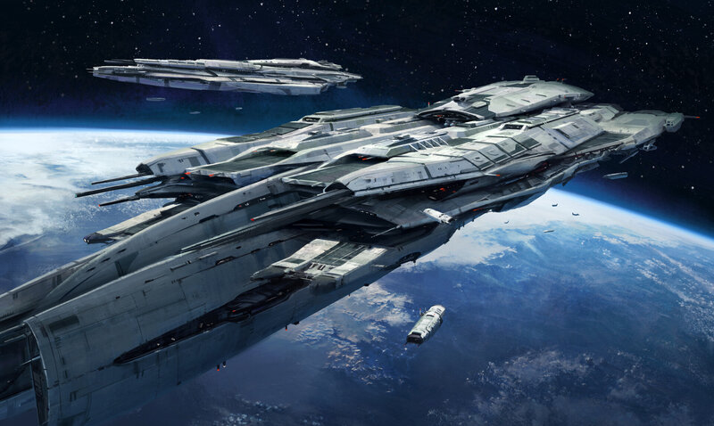 Spaceships in Orbit — Gray, Dramatic, Digital Art, Planet, Space