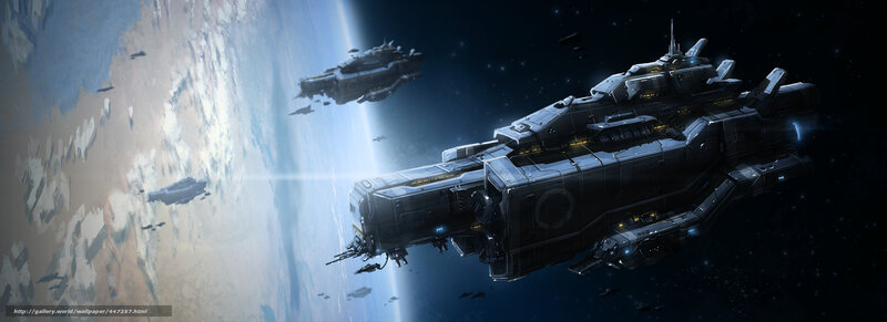 Spaceships in Orbit — Gray, Dramatic, Digital Art, Planet
