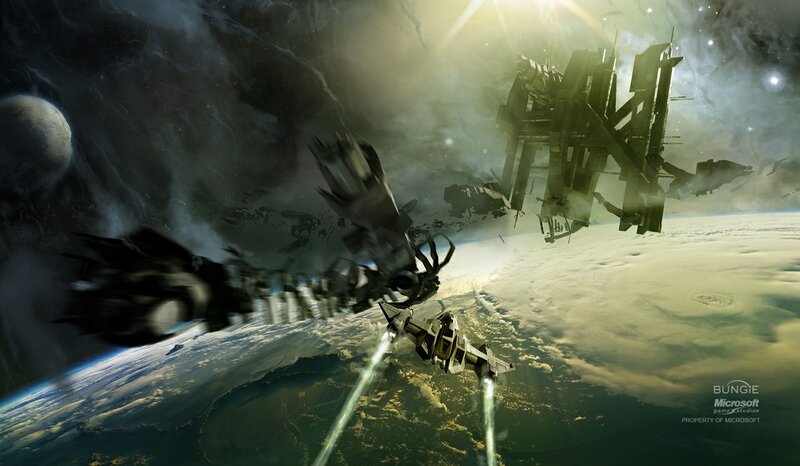Spaceships in Orbit — Green, Dramatic, Digital Art