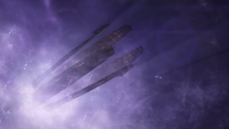 spaceships in purple nebula