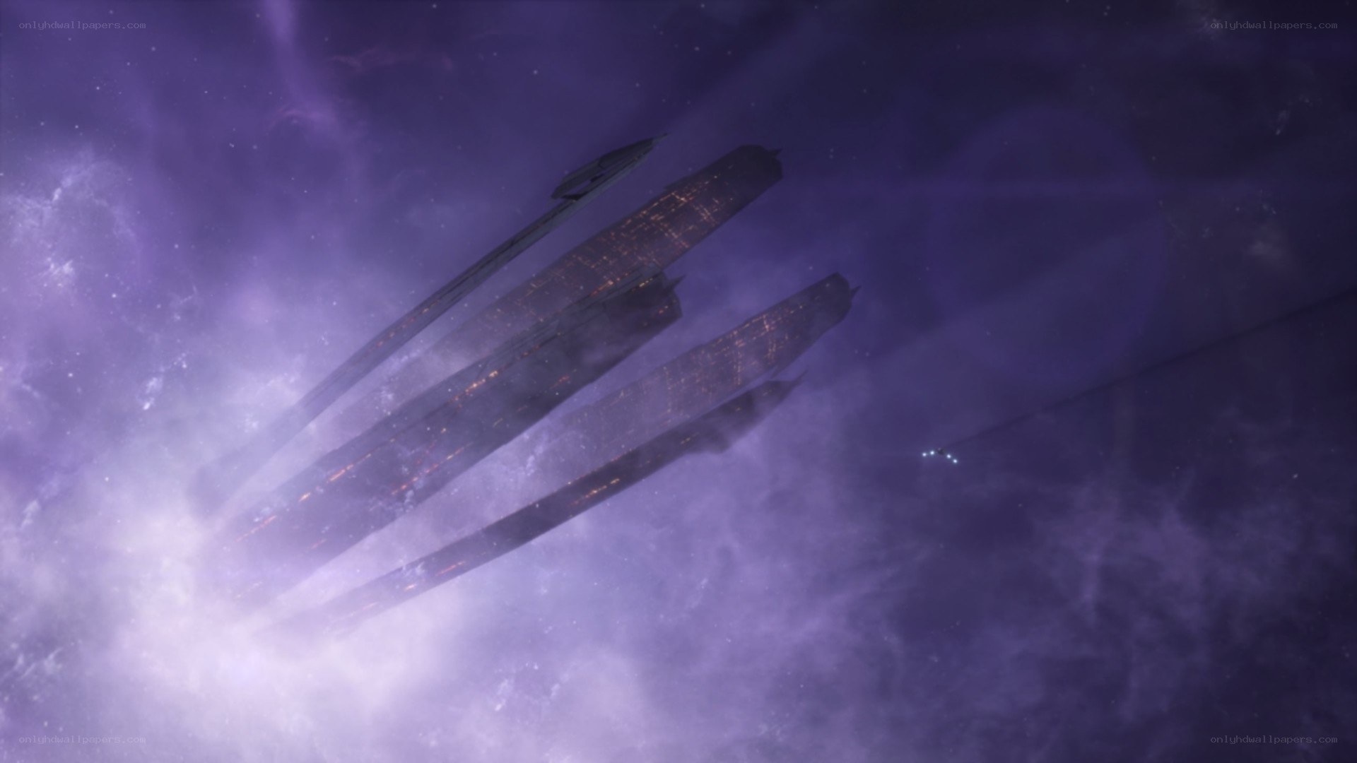 spaceships in purple nebula