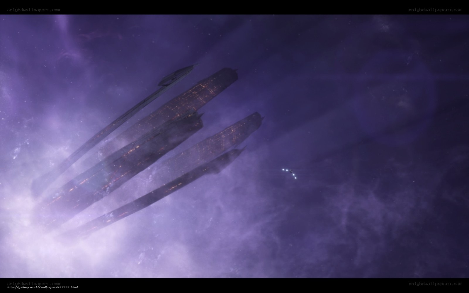 spaceships in purple nebula