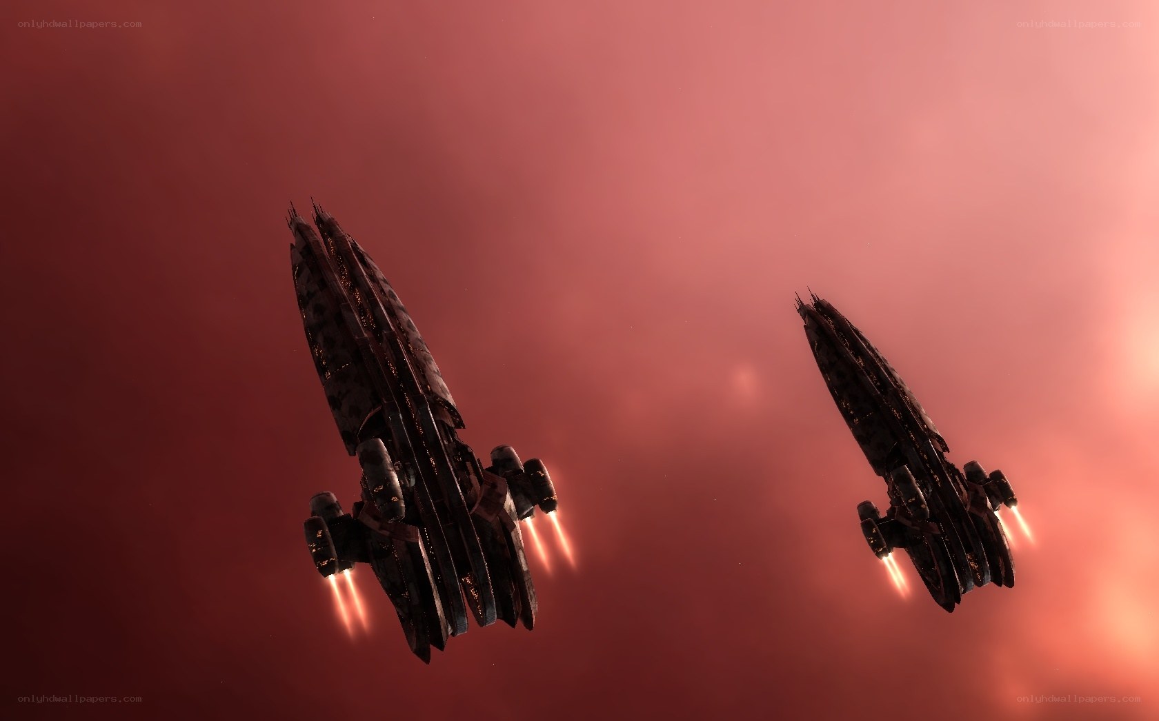 Spaceships in red sky