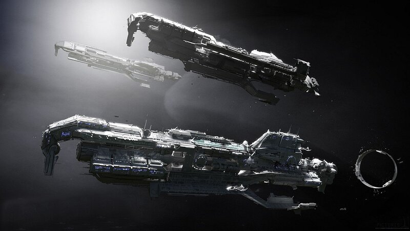 Spaceships in Space — Black, Dramatic, Digital Art, Ships