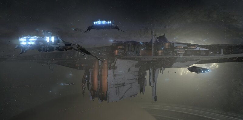 Spaceships in Space — Black, Dramatic, Night, Digital Art, Starfield, Space Station