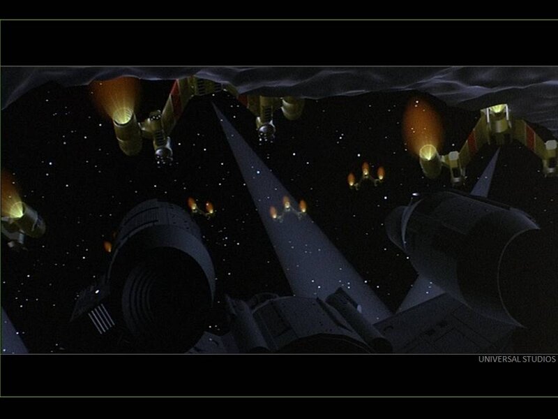 Spaceships in Space — Black, Dramatic, Night, Digital Art, Starfield