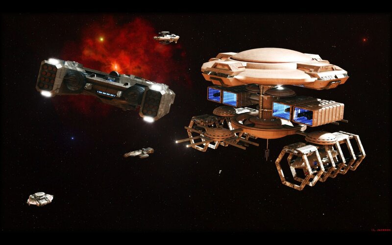 Spaceships in Space — Black, Dramatic, Night, Digital Art, Starship